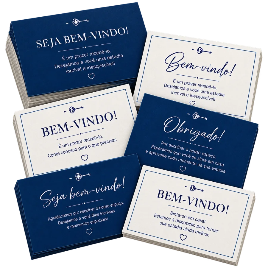 Seis cartões impressos de boas-vindas e agradecimento em azul-marinho e creme, com moldura fina e chave decorativa