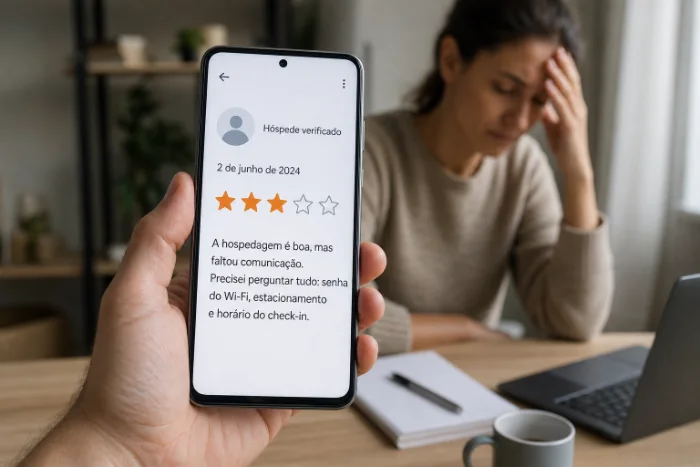 Mão segurando celular com avaliação de 3 estrelas reclamando de falta de comunicação sobre Wi-Fi, estacionamento e check-in
